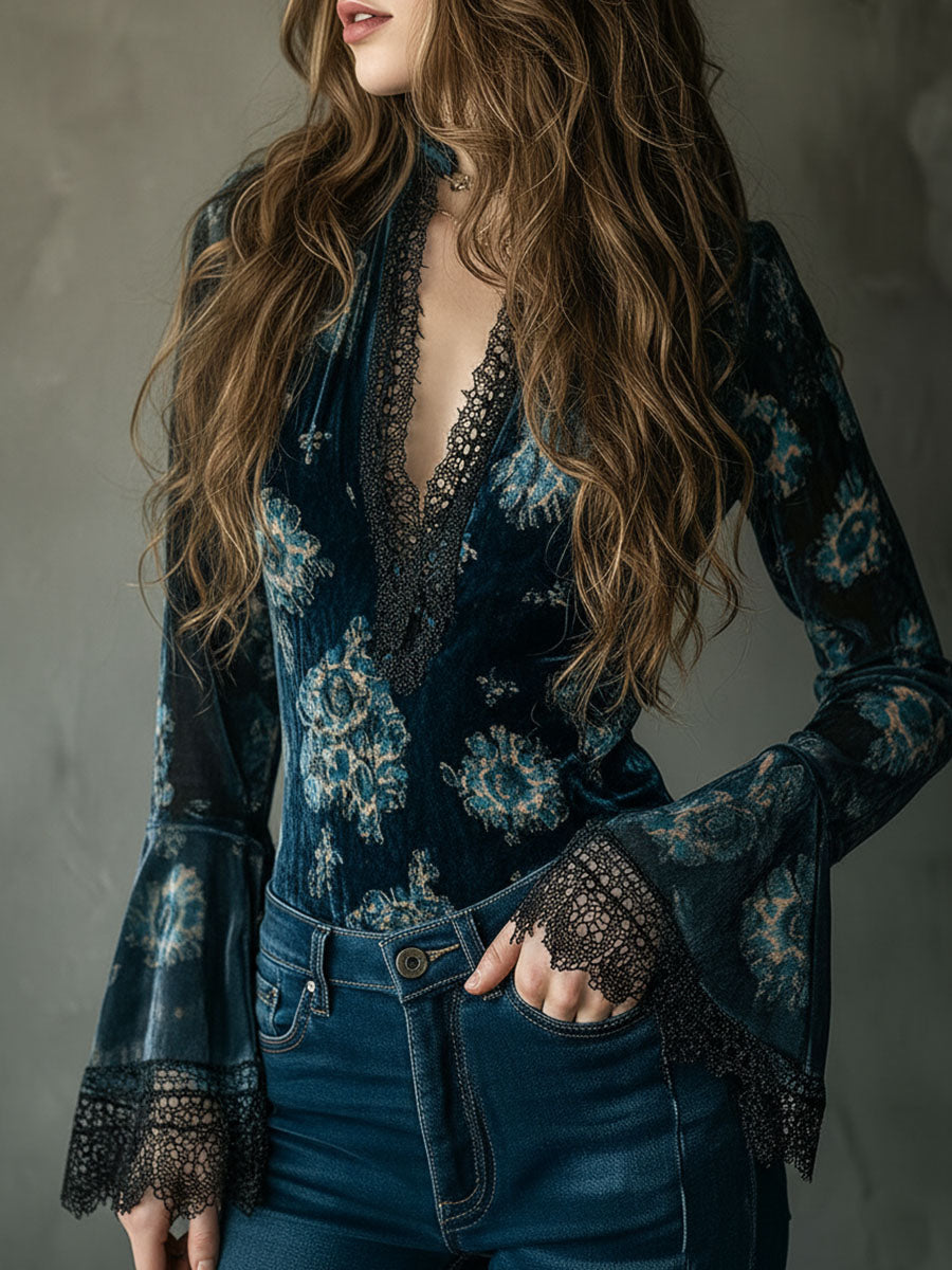 Retro Blue Floral  Velvet Lace Blouse With Bell Sleeves