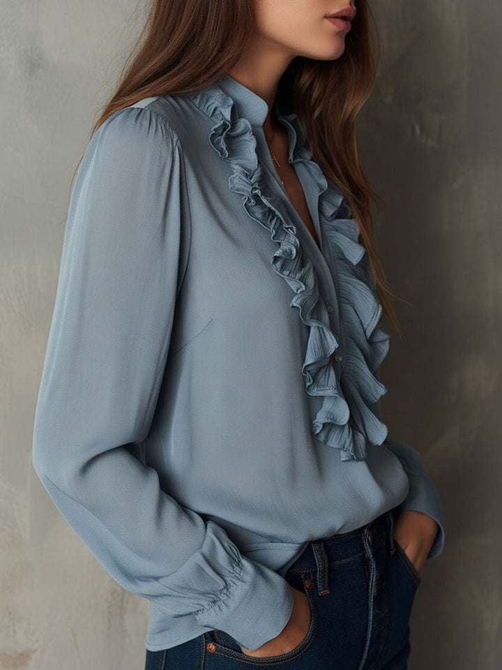 Dusty Blue Ruffle Front V-Neck Button Chiffon Blouse